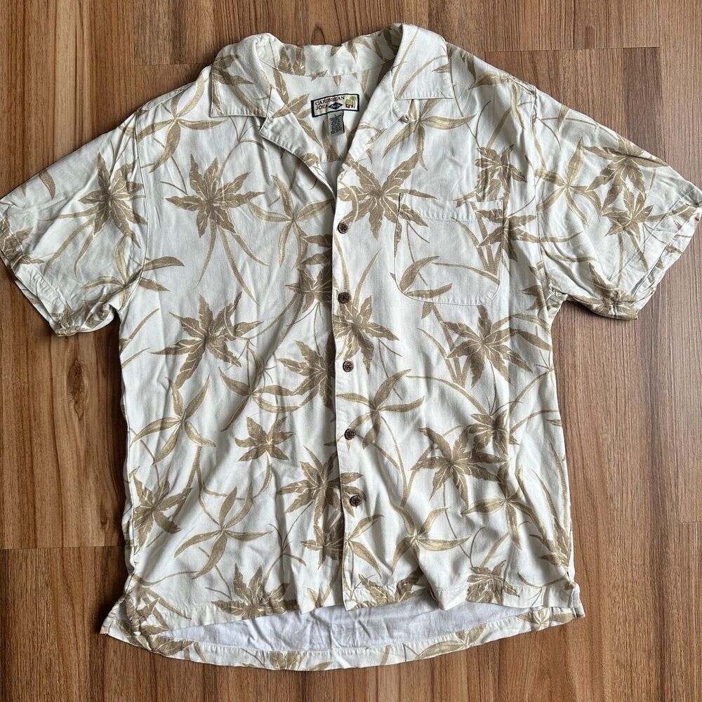Caribbean Joe Men's L White Brown Floral Hawaiian Aloha Rayon Button Up Shirt